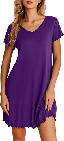 Ekouaer Nightgowns for Women Short Sleeve Sleepshirt V Neck Short Nightshirt Pullover Soft Ruffled Sleepwear S-XXXL in Saudi Arabia