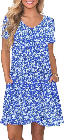 Ploknrd النساء اللباس غير الرسمي T-Shirt Summer Summer Summer V Heck Chest Plates الفساتين الأرجوحة مع جيوب 2025 in Kuwait