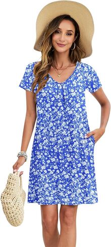 Ploknrd النساء اللباس غير الرسمي T-Shirt Summer Summer Summer V Heck Chest Plates الفساتين الأرجوحة مع جيوب 2025 in Kuwait