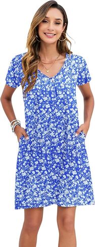 Ploknrd النساء اللباس غير الرسمي T-Shirt Summer Summer Summer V Heck Chest Plates الفساتين الأرجوحة مع جيوب 2025 in Kuwait