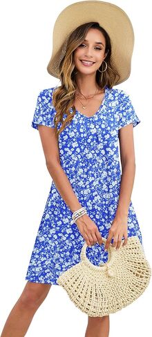 Ploknrd النساء اللباس غير الرسمي T-Shirt Summer Summer Summer V Heck Chest Plates الفساتين الأرجوحة مع جيوب 2025 in Kuwait