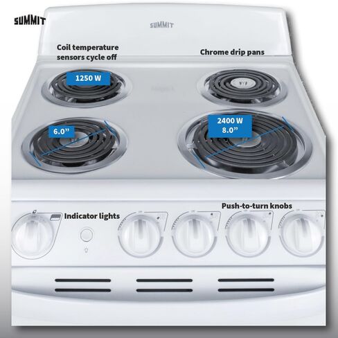 Summit Appliance RE203W 20" Electric Range, 4 Coil Elements, White, 2.3 Cuft Oven Capacity, on Indicator Lights for Oven and Elements in Saudi Arabia