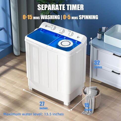 Auertech Portable Washing Machine, 28lbs Mini Twin Tub Washer Compact Laundry Machine with drain dump, Time Control, Semi-automatic 18lbs Washer 10lbs Spinner for Dorms, Apartments, RVs (28 lbs) in Kuwait