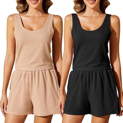 2 Pack Womens Summer 2 Piece Outfits Short Sets Matching Sleeveless Lounge Crop Top High Waisted Short with Pocket in Saudi Arabia