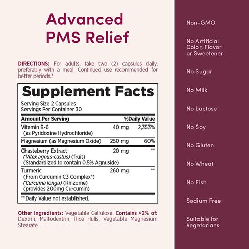 حلول Nature's Bounty Optimal Advanced PMS لدعم الدورة الشهرية ؛ الفترة الإغاثة ملحق دعم PMS للنساء - ChasteBerry ؛ خالية من الهرمونات 60 كبسولات in Kuwait