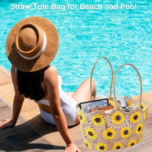 Beach Bags for Women Straw Tote Bag Floral Straw Bag Beach Straw Bag Large Tote Handbag Summer Beach Bag in Saudi Arabia