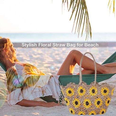 Beach Bags for Women Straw Tote Bag Floral Straw Bag Beach Straw Bag Large Tote Handbag Summer Beach Bag in Saudi Arabia