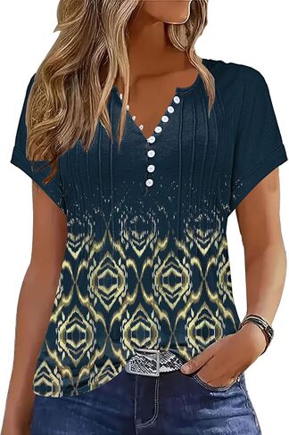 Soesdemo Short Sleeve Shirts for Women V Neck Button Down Floral Soft Boho Womens Blouses Casual Loose Fit Peasant Blouse in Saudi Arabia