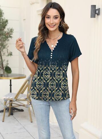 Soesdemo Short Sleeve Shirts for Women V Neck Button Down Floral Soft Boho Womens Blouses Casual Loose Fit Peasant Blouse in Saudi Arabia