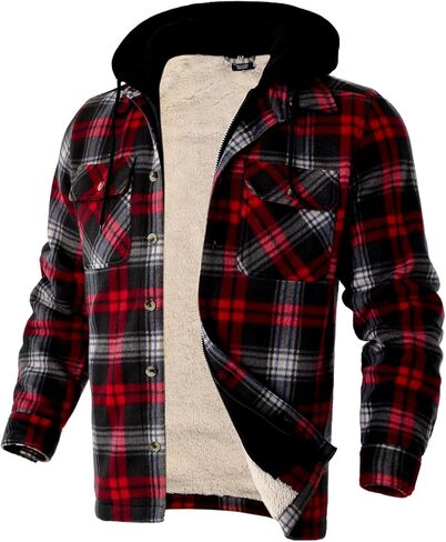 TanBridge Men's Cotton Plaid Shirts Jacket Full Zip Fleece Flannel Sherpa Lined Hoodies Heavyweight Hoodies Jacket for Men in Kuwait