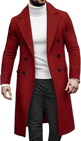 Men's Double Breasted Long Trench Coat Winter Notch Lapel Windbreaker Overcoat Casual Slim Business Pea Jacket in Saudi Arabia