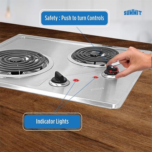 Summit CR2B224S 22"" Electric Cooktop with 2 Coil Elements 230 Volt Operation Indicator Lights Push-to-Turn Controls and Indicator Lights in Stainless Steel in Saudi Arabia