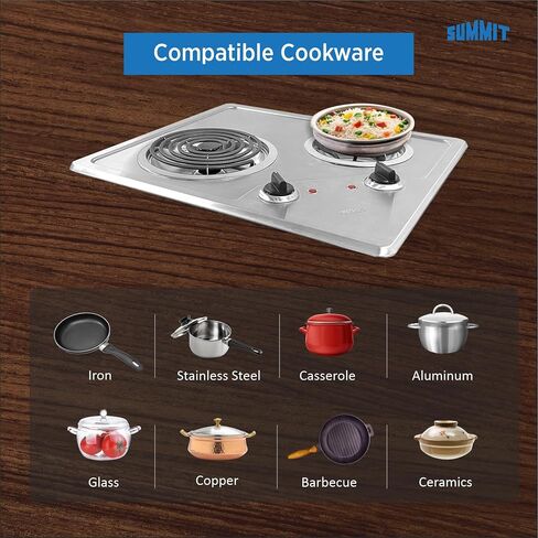 Summit CR2B224S 22"" Electric Cooktop with 2 Coil Elements 230 Volt Operation Indicator Lights Push-to-Turn Controls and Indicator Lights in Stainless Steel in Saudi Arabia