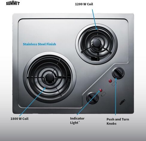 Summit CR2B224S 22"" Electric Cooktop with 2 Coil Elements 230 Volt Operation Indicator Lights Push-to-Turn Controls and Indicator Lights in Stainless Steel in Saudi Arabia