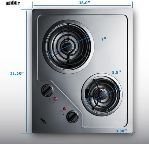 Summit CR2B224S 22"" Electric Cooktop with 2 Coil Elements 230 Volt Operation Indicator Lights Push-to-Turn Controls and Indicator Lights in Stainless Steel in Saudi Arabia