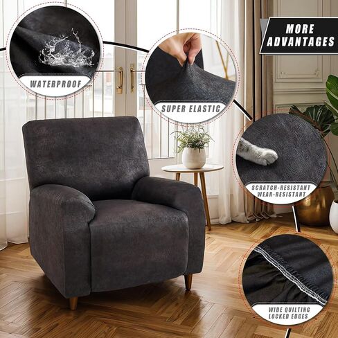 JOKIVTOU 1/2/3 Seats Leather Look 100% Waterproof Recliner Slipcovers 4/6/8 Pieces Stretch Reclining Sofa Chair Covers Washable Couch Cover Furniture Protector (Black, 1Seater) in Saudi Arabia