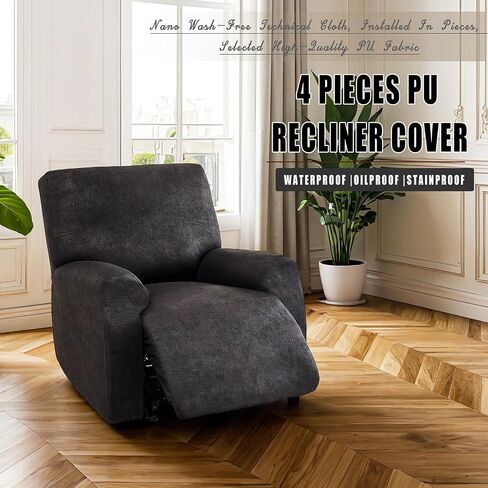 JOKIVTOU 1/2/3 Seats Leather Look 100% Waterproof Recliner Slipcovers 4/6/8 Pieces Stretch Reclining Sofa Chair Covers Washable Couch Cover Furniture Protector (Black, 1Seater) in Saudi Arabia