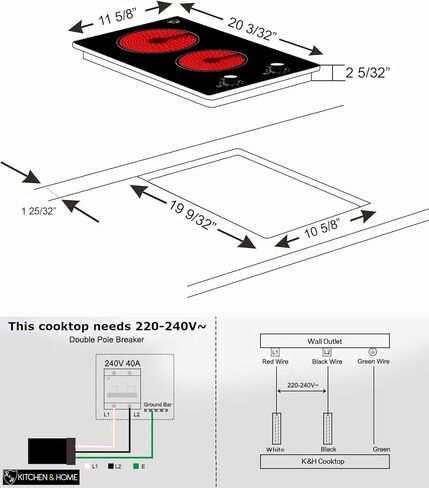 K&H 2 Burner Dual 12 Inch Built-in Electric Stove Top Radiant Ceramic Cooktop Knob Control 240V 3000W KCN-3002K in Saudi Arabia