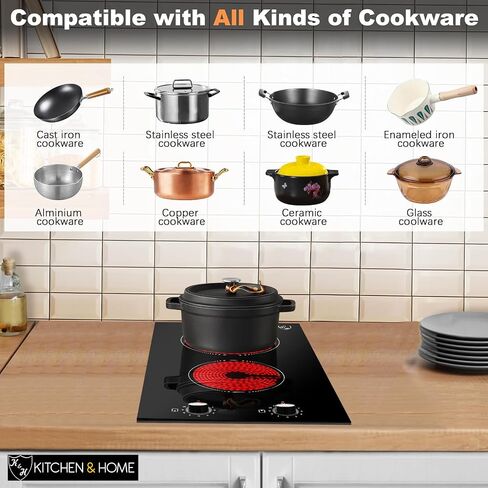 K&H 2 Burner Dual 12 Inch Built-in Electric Stove Top Radiant Ceramic Cooktop Knob Control 240V 3000W KCN-3002K in Saudi Arabia