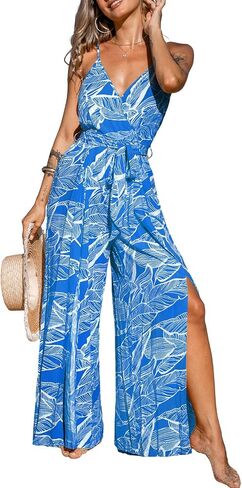 CUPSHE Women's Jumpsuits Floral Tropical Wide Leg Jumpsuit Sleeveless Overall V Neck Outfit Casual in Saudi Arabia