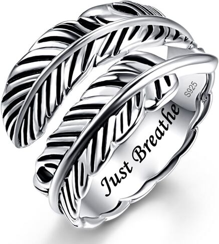 AVECON 925 Sterling Silver Adjustable Feather Ring Vintage Statement Leaf Ring for Women Men in Kuwait