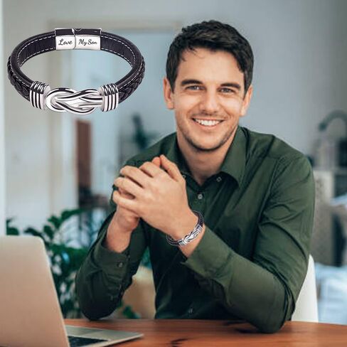 Mother and Son Forever Linked Together Braided Leather Bracelet, Men's Stainless Braided Leather Bracelet Bangle Wristband,Inspirational birthday gift from mom to son in Saudi Arabia