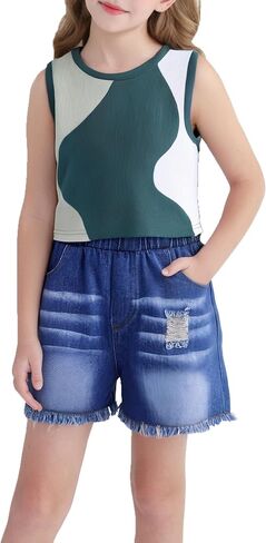YOURUIKER Girls Summer Outfit Kids Sleeveless Cute Tank Crop Top Pocketed Demi Jeans Set Tween Girl Preppy Clothes Size 5-12Y in Saudi Arabia