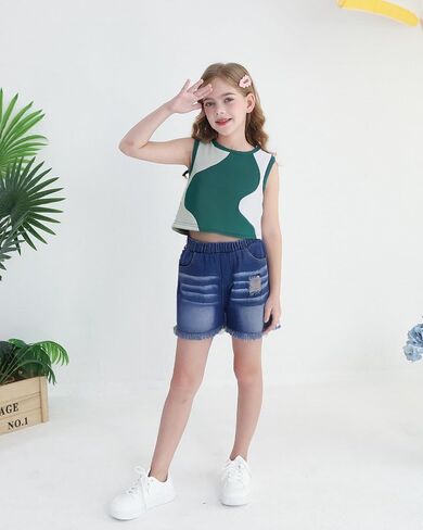 YOURUIKER Girls Summer Outfit Kids Sleeveless Cute Tank Crop Top Pocketed Demi Jeans Set Tween Girl Preppy Clothes Size 5-12Y in Saudi Arabia