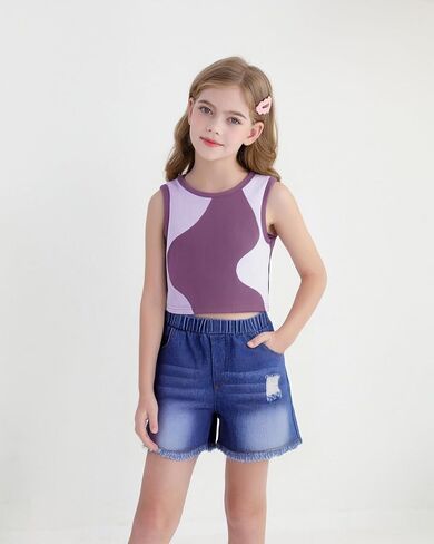 YOURUIKER Girls Summer Outfit Kids Sleeveless Cute Tank Crop Top Pocketed Demi Jeans Set Tween Girl Preppy Clothes Size 5-12Y in Saudi Arabia