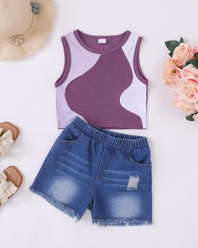 YOURUIKER Girls Summer Outfit Kids Sleeveless Cute Tank Crop Top Pocketed Demi Jeans Set Tween Girl Preppy Clothes Size 5-12Y in Saudi Arabia