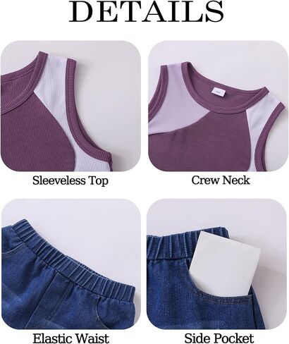 YOURUIKER Girls Summer Outfit Kids Sleeveless Cute Tank Crop Top Pocketed Demi Jeans Set Tween Girl Preppy Clothes Size 5-12Y in Saudi Arabia