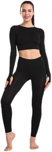Women's Seamless Yoga Set, Gym Clothing Fitness Leggings+Cropped Shirts, Long Sleeve Tracksuit in Kuwait