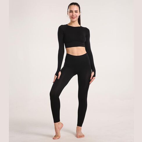 Women's Seamless Yoga Set, Gym Clothing Fitness Leggings+Cropped Shirts, Long Sleeve Tracksuit in Kuwait