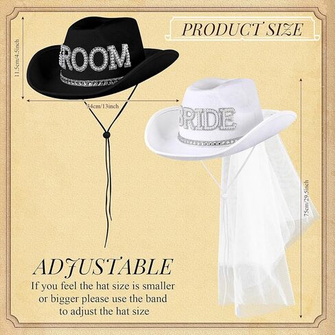 Geyoga 2 Pcs Bride Cowgirl Hat with Veil Feathers Black Groom Cowboy Hats for Wedding Bridal Shower Decor Gifts in Saudi Arabia