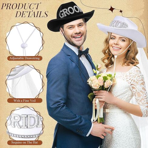 Geyoga 2 Pcs Bride Cowgirl Hat with Veil Feathers Black Groom Cowboy Hats for Wedding Bridal Shower Decor Gifts in Saudi Arabia