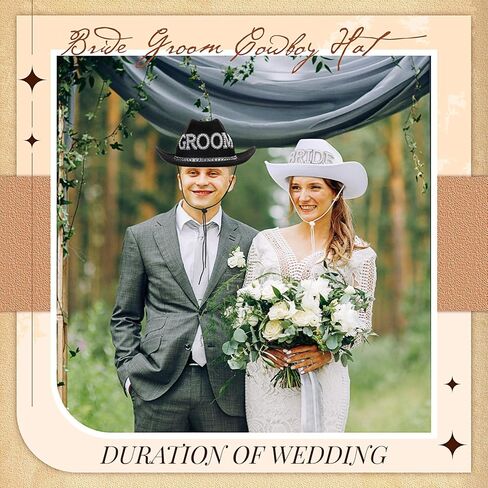 Geyoga 2 Pcs Bride Cowgirl Hat with Veil Feathers Black Groom Cowboy Hats for Wedding Bridal Shower Decor Gifts in Saudi Arabia