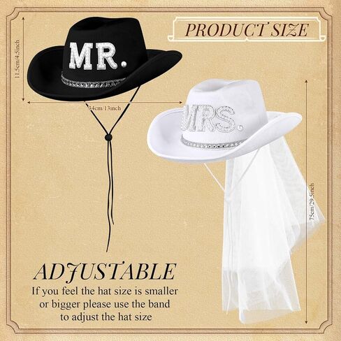 Geyoga 2 Pcs Bride Cowgirl Hat with Veil Feathers Black Groom Cowboy Hats for Wedding Bridal Shower Decor Gifts in Saudi Arabia