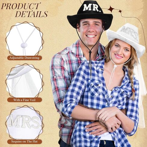 Geyoga 2 Pcs Bride Cowgirl Hat with Veil Feathers Black Groom Cowboy Hats for Wedding Bridal Shower Decor Gifts in Saudi Arabia