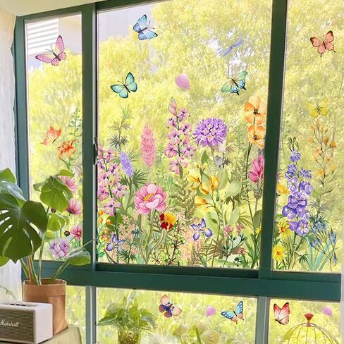 Colorful Floral Bouquet Window Clings, Reusable Double-Sided Stickers, Floral Pattern Window Film for Home and Office Decor, Removable and Cut to Size Freely (Style A) in Saudi Arabia