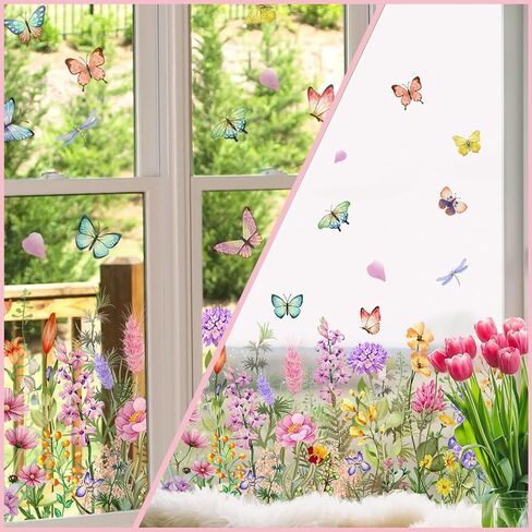 Colorful Floral Bouquet Window Clings, Reusable Double-Sided Stickers, Floral Pattern Window Film for Home and Office Decor, Removable and Cut to Size Freely (Style A) in Saudi Arabia