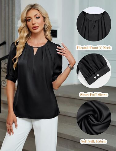 Blooming Jelly Women's Dressy Business Casual Blouses Silk Puff Sleeve Tops Summer Outfits V Neck Pleated Work Shirts 2025 in Saudi Arabia