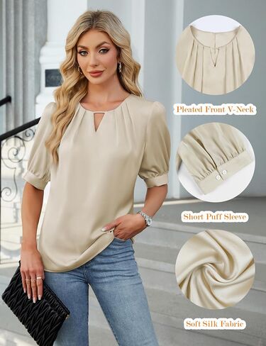 Blooming Jelly Women's Dressy Business Casual Blouses Silk Puff Sleeve Tops Summer Outfits V Neck Pleated Work Shirts 2025 in Saudi Arabia