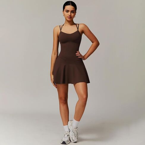 Women’s Spaghetti Strap Tennis Dress with Built-in Shorts Soft Stretchy Workout Active-Wear for Running, Golf, Yoga, Gym in Saudi Arabia