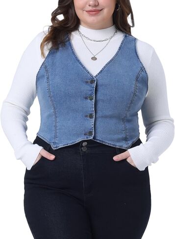 Agnes Orinda Plus Size Denim Vest for Women Sleeveless V Neck Button Down Casual Jean Waistcoat Jacket in Saudi Arabia