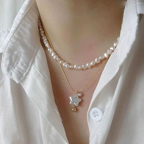 Baroque Pearl Necklaces for Women, Star Shaped Pearl Pendant Necklace Pentagram Natural Freshwater Pearl Choker Necklaces Jewelry Gift for Her, 18'' Chain with Extender in Kuwait