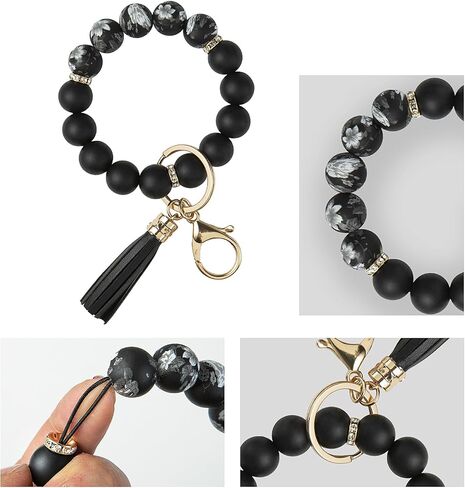 Keychain Bracelet Wristlet with Wallet Card Holder Pocket, Flower Tassel Purse Silicone Key Ring for Women in Saudi Arabia