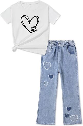 ARTMINE Girls' 2 Piece Outfits Heart Print T-Shirt & Wide Leg Denim Pants Set in Kuwait