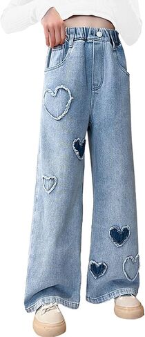 ARTMINE Girls' 2 Piece Outfits Heart Print T-Shirt & Wide Leg Denim Pants Set in Kuwait