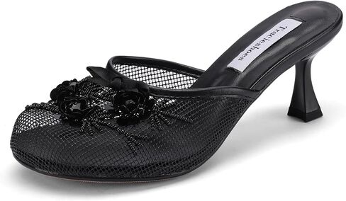 Women's Mesh Mule Slip On Sandals With Floral Sequin Embellishments Round Toe Middle Heel Slides Slippers 2.5 Inch in Kuwait