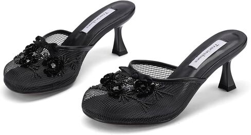 Women's Mesh Mule Slip On Sandals With Floral Sequin Embellishments Round Toe Middle Heel Slides Slippers 2.5 Inch in Kuwait